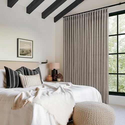Image of Pinch Pleated Linen 102 Inch Curtains 100 Inch Width for Living Room Taupe | Extra Wide, Room Divider, Semi Sheer, Ceiling to Floor, Sliding Glass Door, Light Filtering, Hooks Rings, Greige, 100x102