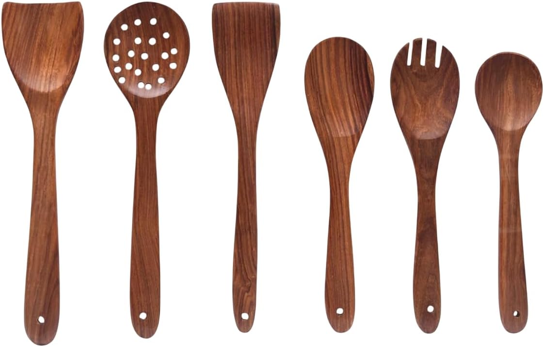AURUM Wooden Spatula Spoons Set for Cooking & Serving | Teak Wood Spatulas Utensils for Nonstick Pans & Cookware (Set of 6)