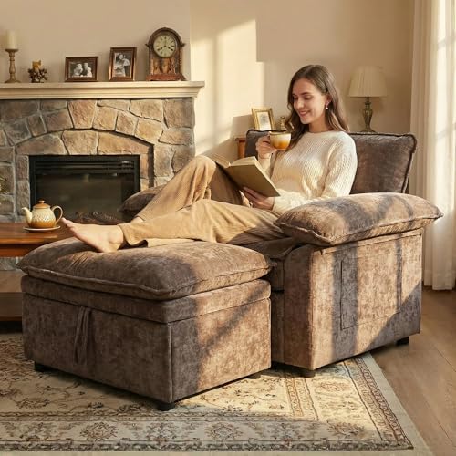 Furnimart Oversized Accent Chair with Storage Ottoman Super Plush Cloud Chair with Chunky Cushion Comfy Chenille Chaise Lounge for Living Room Bedroom Reading Nook(Brown)