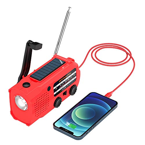 Tiemahun Emergency Solar Dynamo Hand Crank AM/FM/NOAA Weather Alert Radio with 5000mAh Power Bank, Flashlight, Reading Lamp & SOS Alarm for Camping Gadgets (RED)