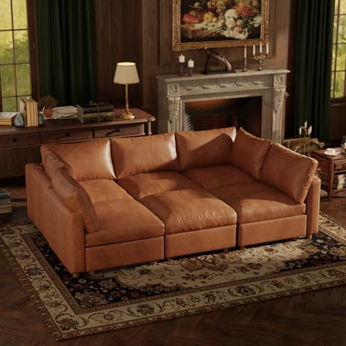Image of 99'' Faux Leather Modular Sectional Sofa Bed Sleeper with Storage, Oversized Mid Century Modern Leather Sectional Couche for Living Room, 5 Seater Deep Seat Couch with Storage Ottoman, Camel