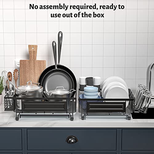 2 Pack Dish Drying Rack, Dish Rack Suitable For Little Countertop Space,Installation-Free Metal Dish Drainer With Drainboard Not Limited To The Sink - Dishes Racks Organizer Set (Black) #TOP1
