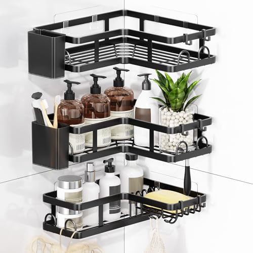 3 Pack Corner Shower Caddy Rustproof Black Bathroom Corner Shelves with 2 Toothpaste Holders & 12 Hooks Adhesive Shower Shelf No Drilling Space-Saving Storage for Towels Razors Soap & Shampoo