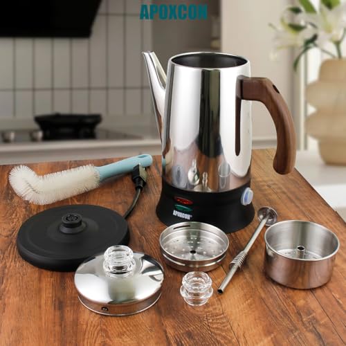 APOXCON Electric Coffee Percolator Stainless Steel Coffee Pot with Two Tough Glass Clear Brew Progress Knob & Treated Solid Wood Handle & On/OFF Switch Auto Keep Warm Cordless Serve (8 Cup) by APOXCON - Image 2