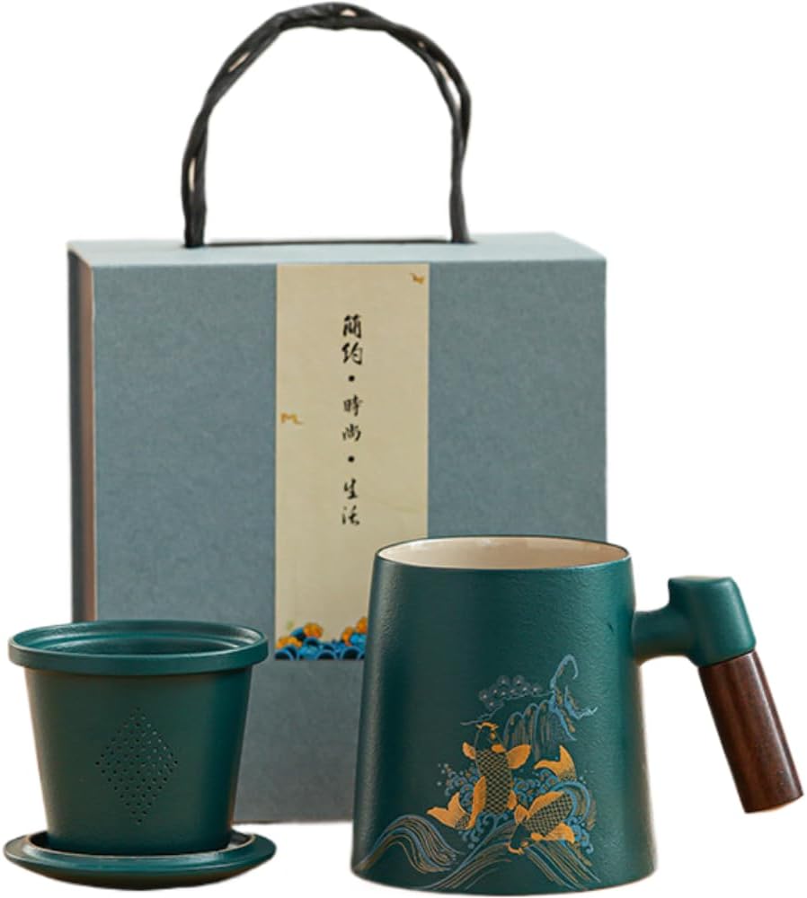 Ceramic Teacup with Infuser and Lid, 13.5oz Loose Leaf Tea Mug with Strainer, Ceramic Tea Infuser Travel Mug Gift for Women and Men, Home or Office Use (Black)