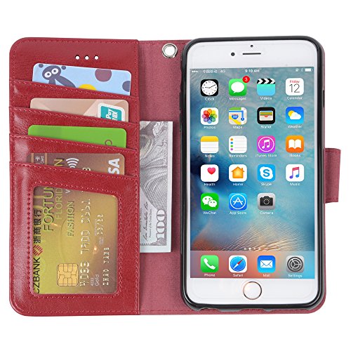 Arae Wallet case for iPhone 6s Plus/iPhone 6 Plus [Kickstand Feature] PU Leather with ID&Credit Card Pockets for iPhone 6 Plus / 6S Plus 5.5 inch (not for 6/6s) (Wine red) - Thumbnail 2