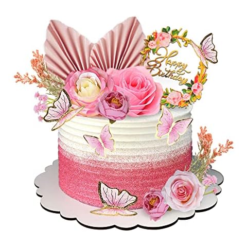 17 PCS Flower Cake Toppers with Butterflies and Eucalyptus Cover