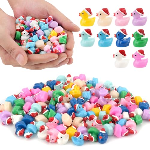 100Pcs Mini Resin Ducks Tiny Christmas Ducks Miniature Duck Figures Bulk Miniature Garden Landscape Aquarium DIY Decor Dollhouse Prank Christmas Birthday Party Favors Gift(10 Colors)