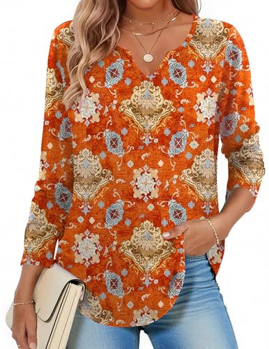 Image of Zeagoo Long Sleeve Shirts for Women Fall Tops Casual Dressy V Neck Blouses Boho Tunic Western Clothes Vacation Outfits