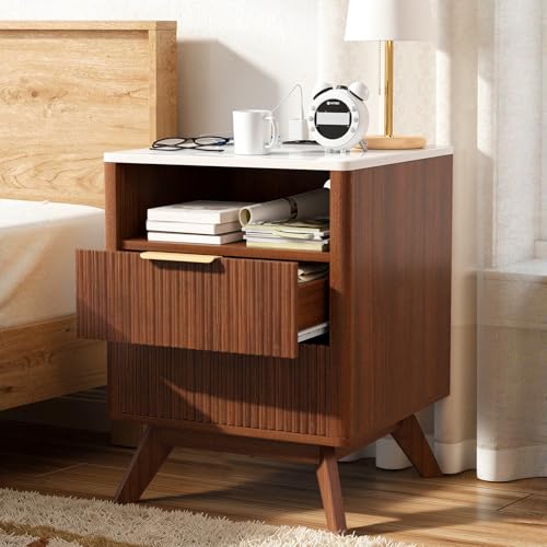 Image of Nebuaegis Modern Nightstand,Side Table with Charging Station,Bedside Tables with Drawer,Mid-Century End Tables Set (1-Piece),Walnut