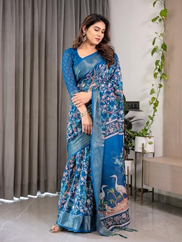 Image of ALMAARI FASHION Handloom Cotton Saree, Royal Blue with Floral Bird Print, Silver Zari Border, 5.5 Metres