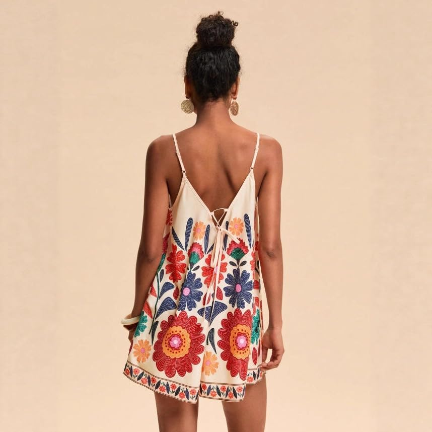 THLAI Sexy Rompers for Women Resort Style Casual Loose Floral Printed Halter Jumpsuits One Piece Outfits