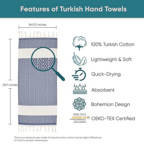 Sea Me At Home 2 Pack Decorative Turkish Hand Towels For Bathroom With Bohemian Design, 100% Turkish Cotton Farmhouse Boho Kitchen Tea Towel Set 14 X 29 Inches (Navy) #TOP2