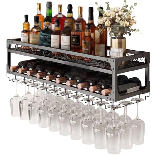 Botellero de metal de 2 niveles para montaje en pared con soporte para vidrio, elegante botella de vino y nizer de vidrio para el hogar, bar, cocina, comedor, negro, 80 x 30 x 27 cm