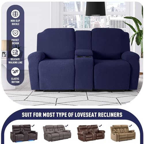 Image of KinCam Loveseat Recliner Covers with Middle Console Slipcover, Recliner Sofa Covers 2 Seat Couch Cover Stripe Jacquard Furniture Protector Covers with Elastic Bottom for Kids, Pets (Dark Blue)