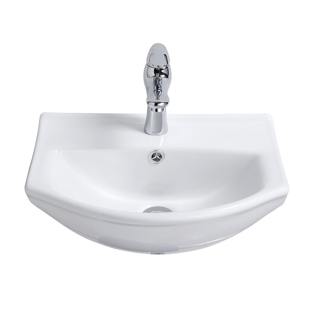 Tahoe - Fregadero de baño pequeño de montaje en pared, de 17.7 in, de cerámica, color blanco, con arco de pared, fregadero flotante con desbordamiento y agujero de 6