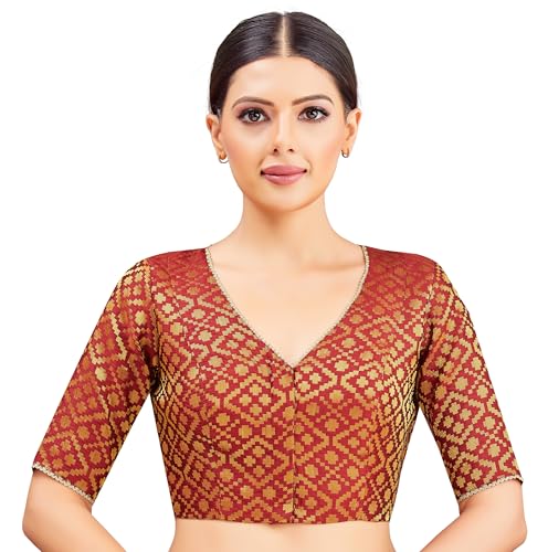 Image of Studio Shringaar Women's Readymade Brocade Elbow Length Sleeves Saree Blouse