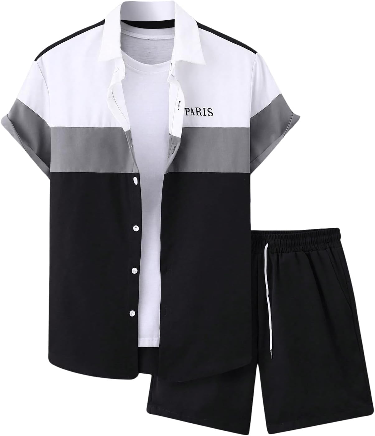 SOLY HUX Men's Plus Size Shorts Set Button Down Shirt and Shorts Color Block Two Piece Outfits Big and Tall 3X-Large Black White Multi Size 3XL