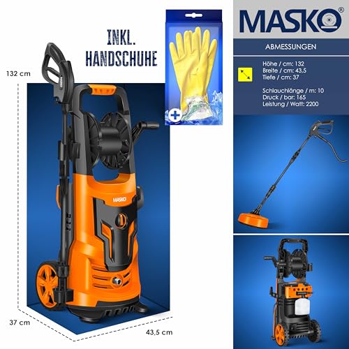 MASKO® Limpiadora de Alta presión 2200 W 165 Bar 450 l/h, con Carrete de 10m de Manguera 9.pcs. Juego de Accesorios, con Botella de jabón Boquilla de Espuma, Pistola de Alta presión - imagen 9
