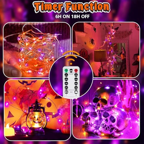 Image of 3PK Orange and Purple Halloween Fairy Lights Battery Operated with Remote | 8 Lighting Modes, Remote Control, Timer & Dimmable, Total 78FT 240LED Twinkle Lights for Outdoor Indoor Halloween Home Decor