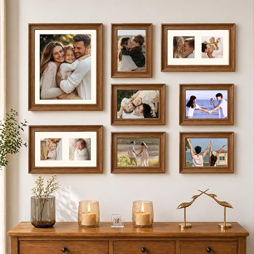 Image of Wooden Wall Collage Photo Frame Set of 8 for Wall Decor, Mixed Size Picture Frames for Family Photos, Gallery Wall Frame Set with Premium Finish for Living Room, Bedroom & Home Decoration (Brown)