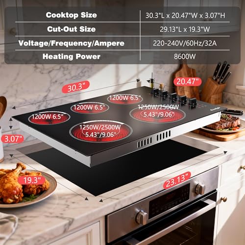 Image of Upgraded 29.13 Inch Electric(Cut-out Size: 29.13 inchx19.3 inch) Cooktop 5 Burners - 30 Inch Powerful 8600W Built-in Electrical Stovetop Burner Knob Control, Timer, Safety Lock, 240V Hard Wired
