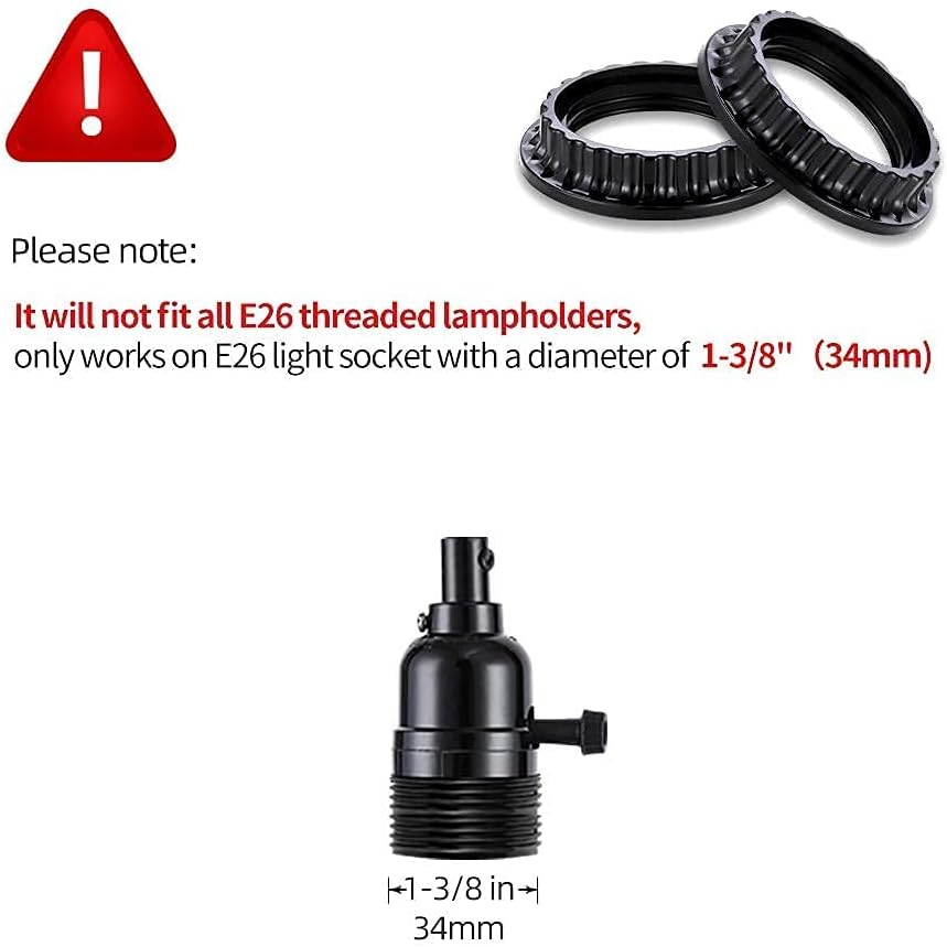 PEESIN 4 Pack E26 Light Socket Rings, Black Lamp Shade Collar Rings, Lock Socket Replacement Adapter Ring for E26 Light Socket with Diameter of 1-3/8 in（34MM）, Retainer Rings for Light Fixtures