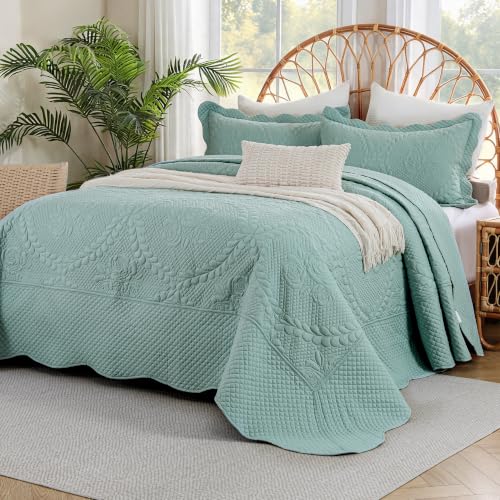 Image of EVENHUG Oversized King Bedspreads California King Quilt Set with Pillow Shams Extra Wide Large King Size Quilts Lightweight Coverlet Bedding Sets Aqua Sky 120 inchx120 inch