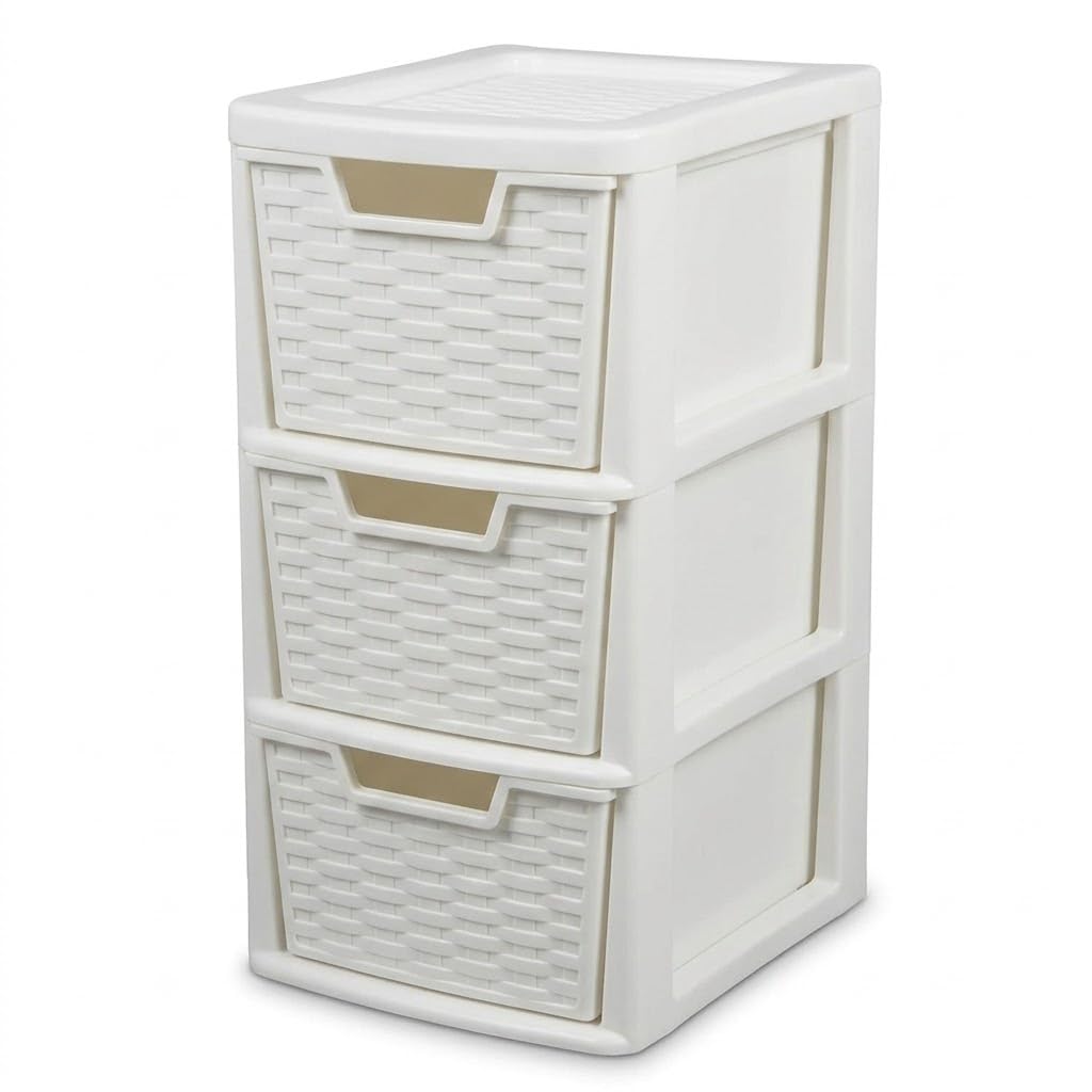 Kaanco Medium Plastic Storage Drawers A5 Storage Drawers Unit Space Saving Plastic Drawers for Bedroom Kitchen Laundry Bathroom Organisation Plastic Storage Drawers Organizer (3 Tier Rattan White)