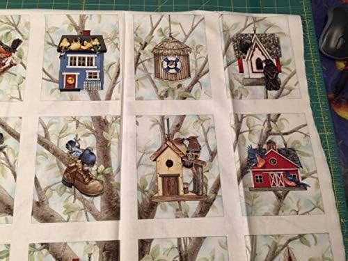 Alina Natetkova - Multicolor Cotton Fabric Panel - Bird - Square Pattern - Craft Fabric - Birdhouses/Birds - 22" x 36" - Quilted