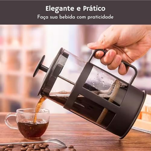 Cafeteira Prensa Francesa 600ml, Vidro Temperado e Aço Inox, Design Moderno, Preparo de Café e Chá.C