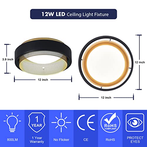 Wheatronic Led Light Fixtures Ceiling Mount, 12Inch Overhead Flush Mount Ceiling Light Black And Gold, Close To Ceiling Light Fixture For Bathroom, Living Room, Hallway, Basement #TOP1