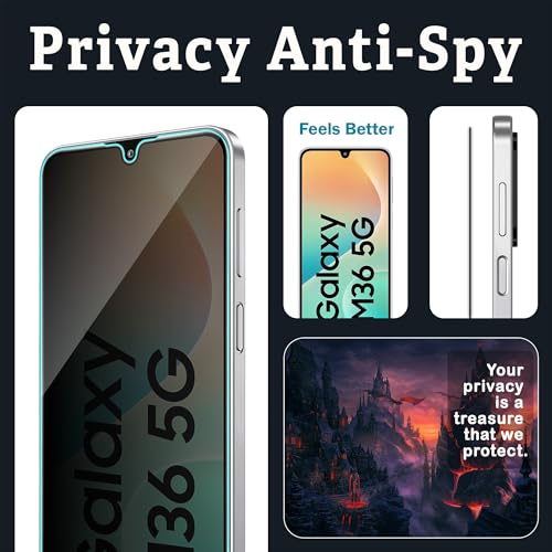 Image of ArmourPro Privacy Tempered Glass for Samsung Galaxy M36, Anti Spy Anti Peeping Screen Protector, Edge-to-Edge Full Coverage, 9H Hardness with Cable Protector | Black