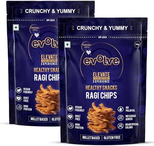 Evolve Ragi Chips Healthy Snack for Adults | No Palm Oil, Gluten-Free & Preservative-Free, No Artificial Color or Sugar | Wholesome & Crunchy Snack | Millet Blend, Freshly Made - 100g Pack of 2