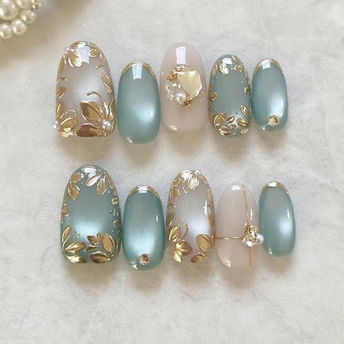 24Pcs Flower Press on Nails Short Almond Fake Nails with 3D Pearl...
