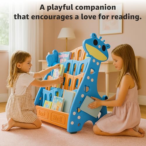 Image of Amazon Brand - Jam & Honey Animal Theme Bookshelf for Kids|4-Tier Display Rack |Storage|Organizing|Kids Bookcase|Perfect for Home,Play-Schools,Nursery|Easy Assembly| Compact|Plastic,Blue Orange