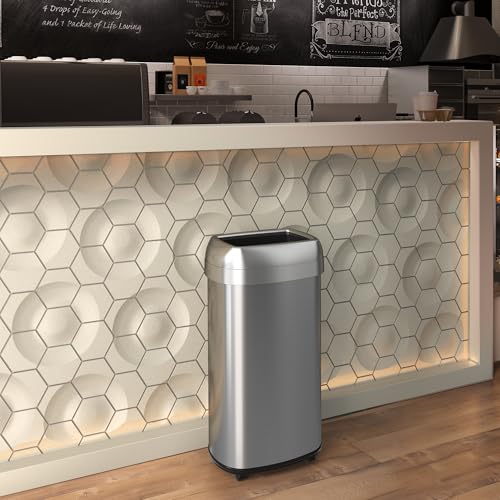 Image of iTouchless 16 Gallon Open Top Kitchen Trash Can Recycling Bin with Wheels and Double Odor Filters Oval Commercial Stainless Steel 60 Liter Trashcan for Home Office Work Bedroom Livingroom Garage