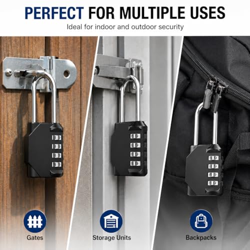 Image of 4 Digit Long Shackle Combination Padlock, Heavy Duty Resettable Lock, Waterproof Zinc Alloy Body, Hardened Steel Shackle, Secure for Gates, Lockers, Storage Units, Sheds, Toolboxes & Luggage