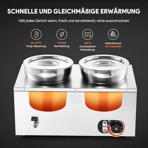 Wilprep Chafing Dish Elektrisch 14L (2 X 7L Rund) Profi Gastro Speisewärmer Buffetwärmer Elektrische Warmhaltebehälter Bain Marie mit Ablaufhahn & Deckel, 1500W 30-85°C Edelstahl für Buffets, Hotels