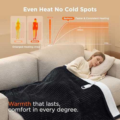 Image of Bedsure GentleSoft Heated Blanket Throw - Soft Ribbed Flannel Electric Blanket, Heating with 4 Time Settings, 6 Heat Settings, and 3 hrs Timer Auto Shut Off, Gifts for Grandma (50x60 inches, Black)