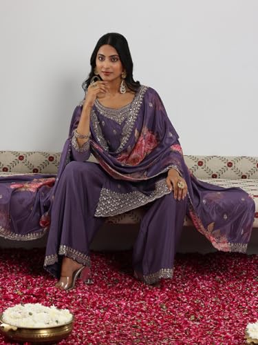 Image of Libas Embroidered Silk Blend A-Line Kurta with Palazzo and Dupatta