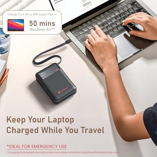 Image of Portronics 65W Ignis 65 20000mAh Fast Charging Powerbank with in-Built Type C Cable for Android Smartphones, iPhones, ipads, Tablets & Macbooks, Type C PD Port, LED Display, Strong Lanyard (Black)