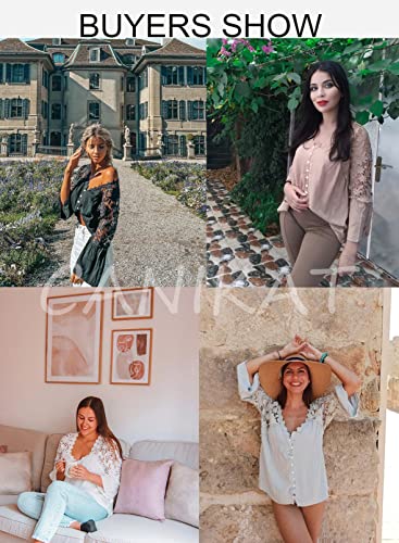 Canikat Women's Fashion V Neck Lace Crochet Flowy 3/4 Bell Sleeve Button Down Casual Shirts Blouses Tops White M #TOP2