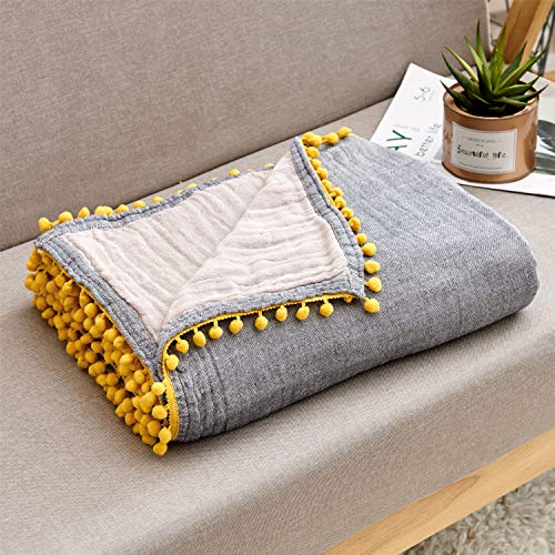 Ecrisdoo Muslin Throw Blanket With Pompom, 100% Cotton 4-Layer Breathable Pre-Washed Lightweight Warm Bed Blankets, Fit Couch Sofa For All Season, Adults & Kids (Gray With Yellow Pom, 60" X 80") #TOP20