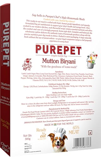 Image of Purepet Fresh Dog Food 300g | Mutton Biryani for Adults & Puppies | High Protein, 65% Real Meat, 35% Veggies & Rice | No Preservatives | Ready to Serve | All Breeds | Single Meal Pack