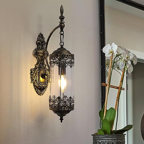 Image of Vintage Wall Sconce with Glass Shade, Rustic Black Brushed Gold Farmhouse Wall Light Fixture, Antique Gothic Decorative Metal Wall Lamp for Hallway, Bedroom, Living Room, Entryway
