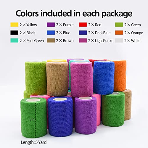 Self Adhesive Bandage Wraps, 24/48/72 Pack 1/2/3 Inch 5 Yards Multicolor/Skin Color Athletic Elastic Bandage, For Sports, Wrist, Ankle Sprains, Swelling And Vet Wrap (3In, 24 Pack, Multicolor) #TOP4