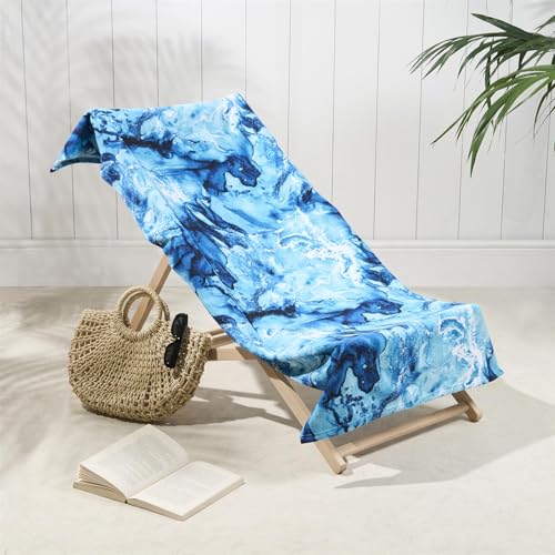 Dreamscene Large Beach Towel Marble Print, Soft Quick-Dry Lightweight Microfibre Beach Towel For Adults & Kids Swimming Towel For Holiday Essentials, Teal Blue-71x152cm