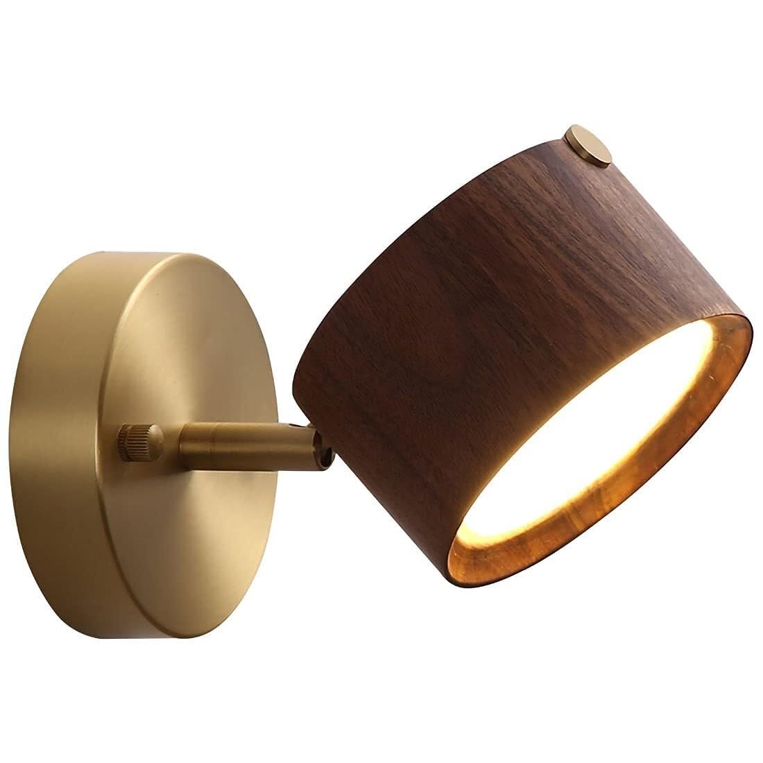CWCQGH Modern Wood LED Wall Light Adjustable with Brass Wall Lamps,7W Wooden Wall Sconce Rotatable for Bedroom Living Room Corridor Hallway,Walnut
