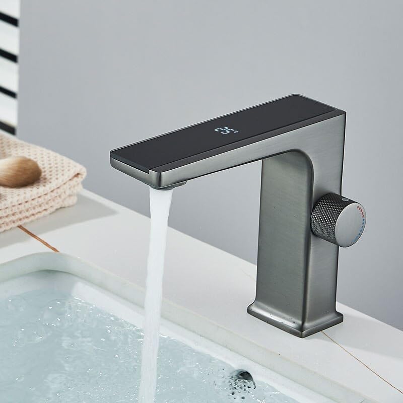 Robinet de lavabo de salle de bain LCD gris canon mitigeur eau chaude et froide en laiton